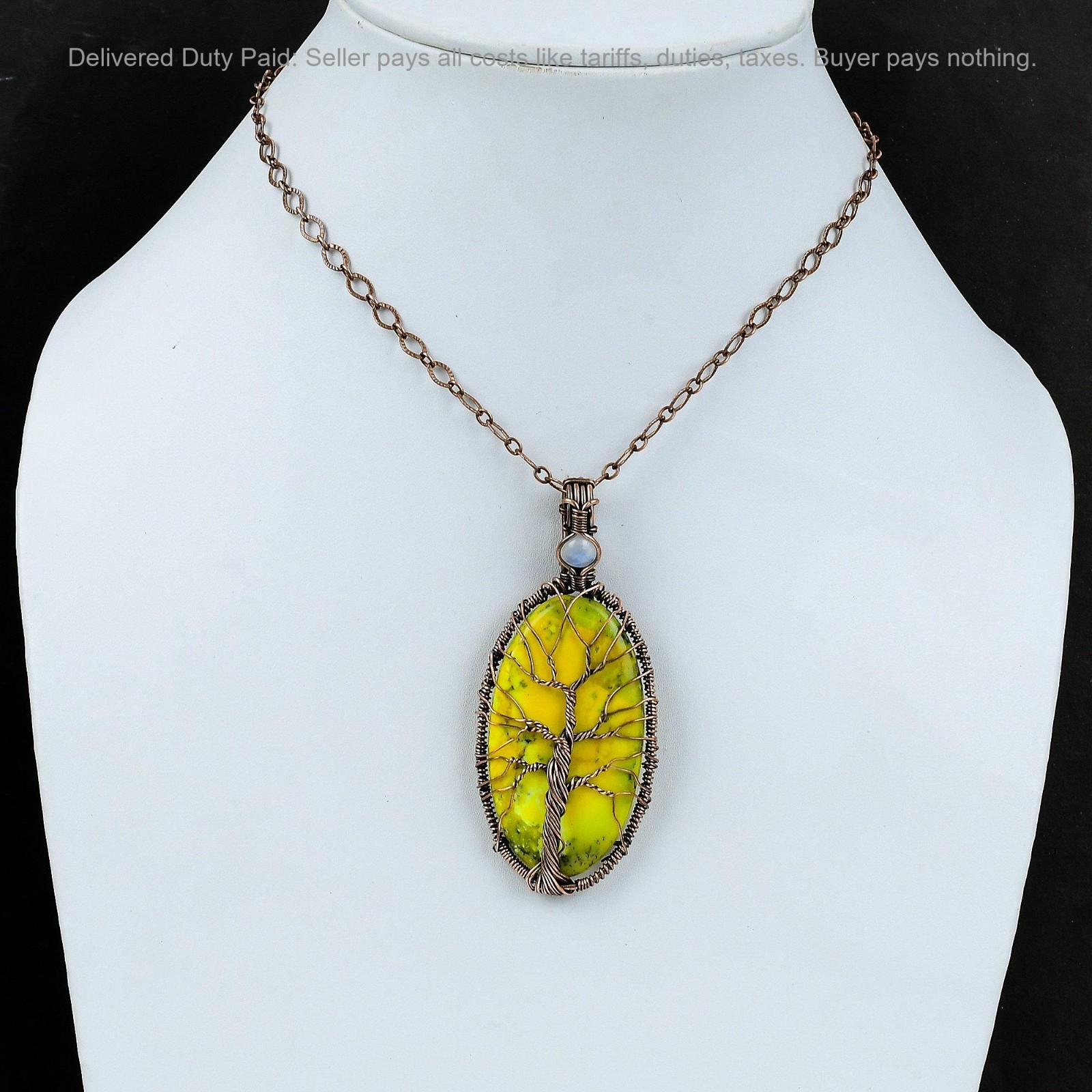 Natural Yellow Dendrite Opal Rainbow Moonstone Daughter Pendant Jewelry Copper