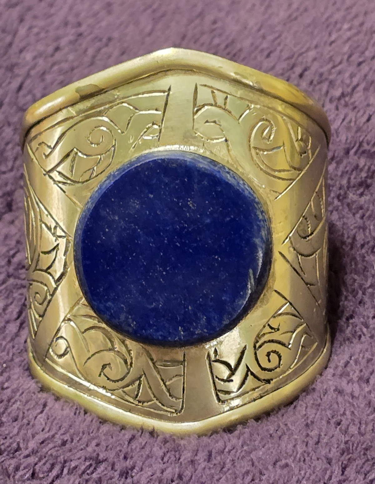 Brass Silver & Gold Tone Tribal Bracelet Bezel-Set Round Lapis Stone Center Cuff