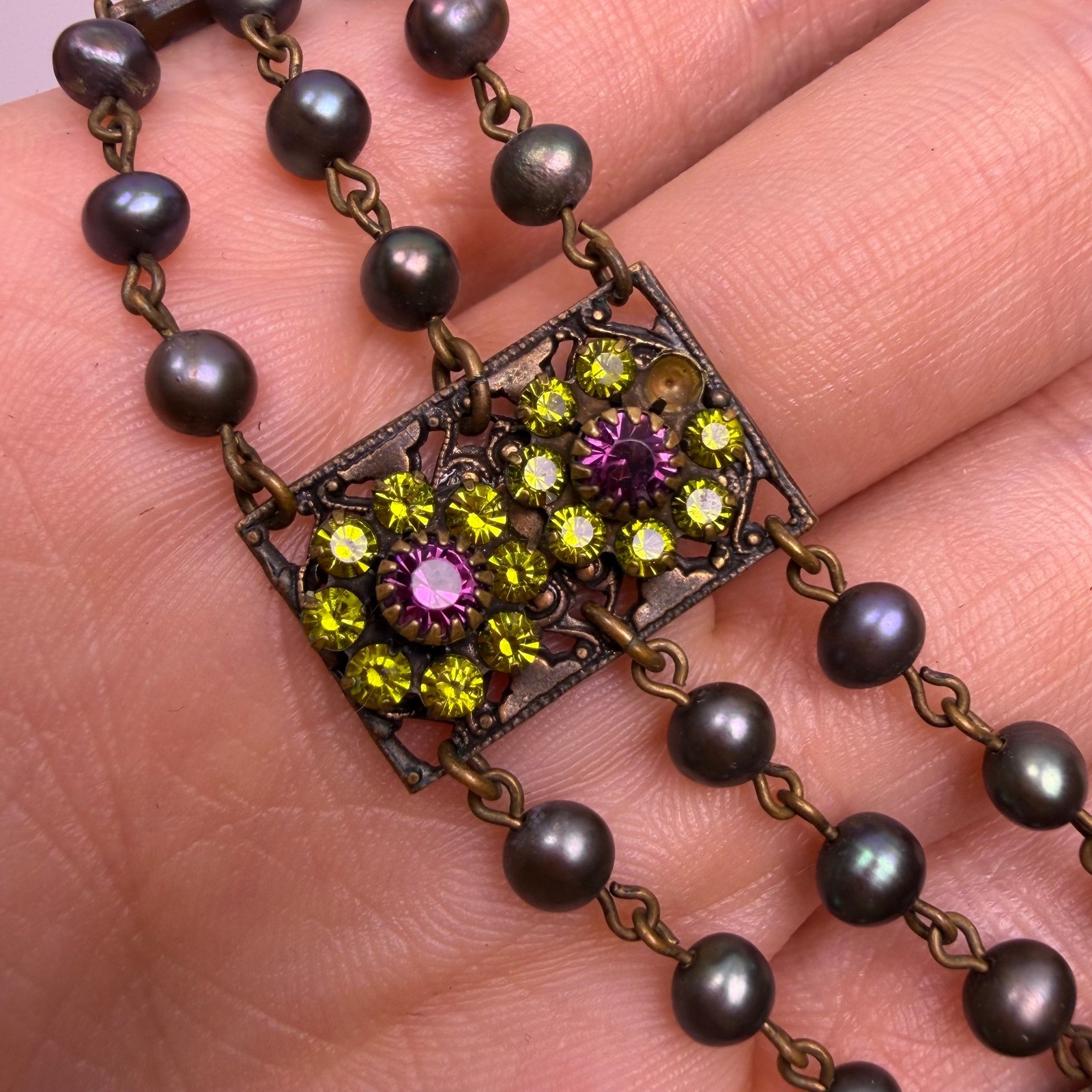 Liz Palacios Vintage Boho Victorian Womens Multi Strand Pearl Crystal Necklace