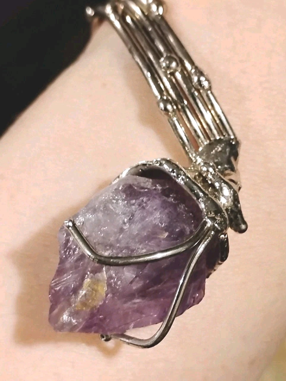 Raw Amethyst Point Silver Tone Brutalist Sculptural Wrap Bracelet