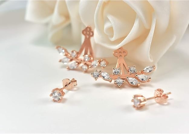 Korean Elegant Rose Gold Plated Contemporary Jacket Front Back Stud Leaf Earring