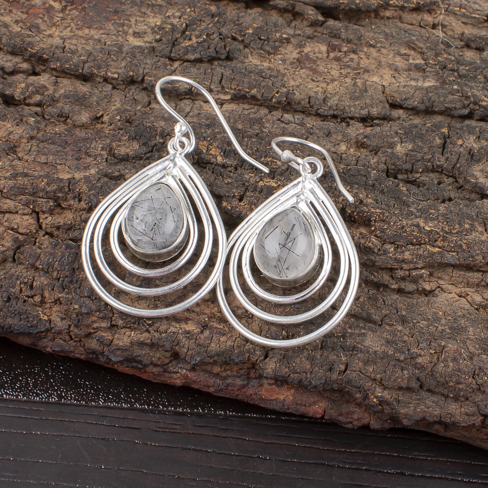 Black Rutile Gemstone Drop/Dangle Grey Earrings 925 Sterling Silver Jewelry