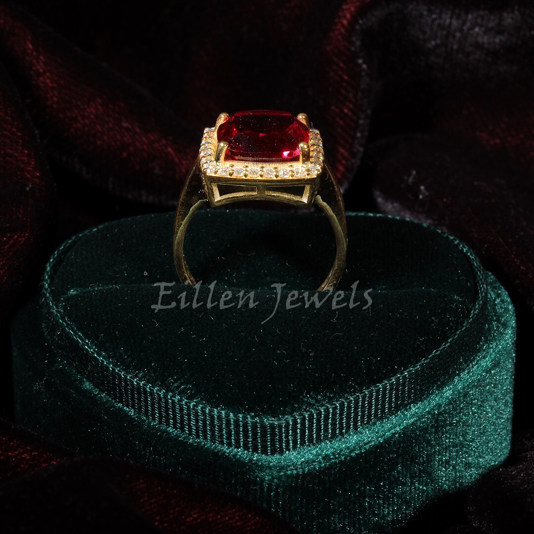 3.5 Ct Cushion Cut Ruby Ring, Ruby Engagement Ring, Gold Plated Wedding Ring