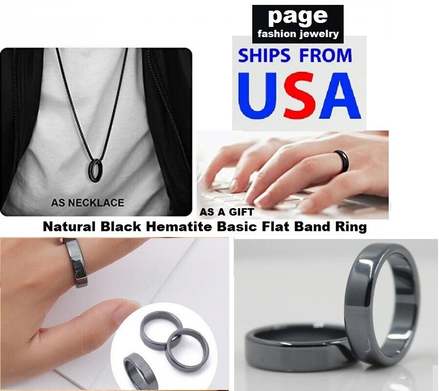 Real Natural Black Hematite Basic Flat Band Ring For Men/Women US Size 6-11