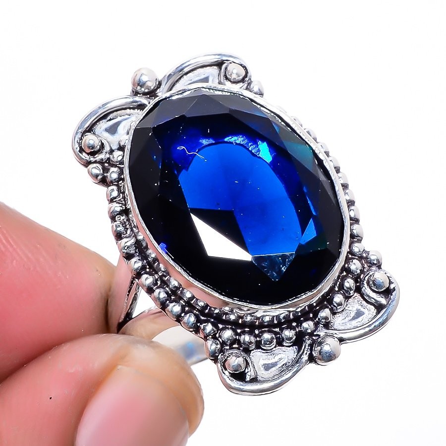 Madagascar Blue Sapphire (Lab-Created) 925 Silver Plated Jewelry Ring s.9.5 W446