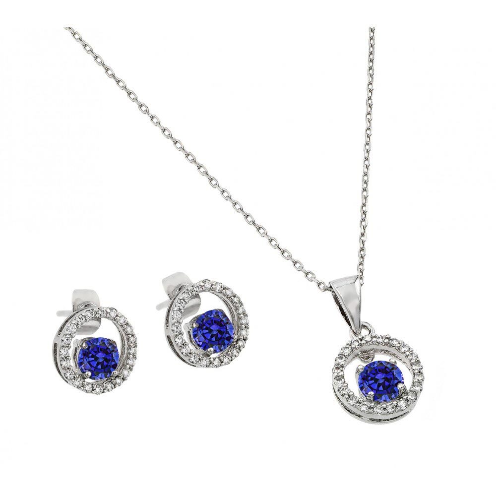 BLUE OPEN CIRCLE NECKLACE & EARRING SET 925 STERLING SILVER CHAIN 18” ADJUSTABL
