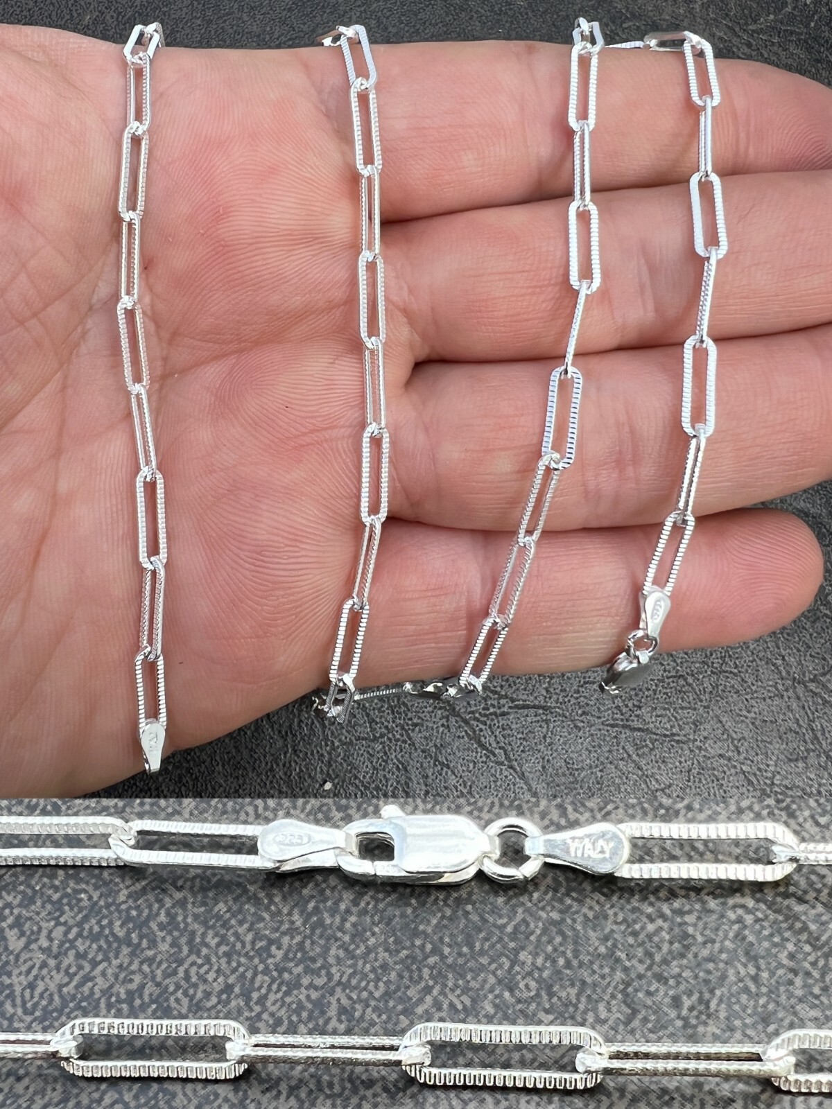 Solid 925 Silver Paperclip Rolo Chain 3.5mm Diamond Cut Necklace Italy Layered
