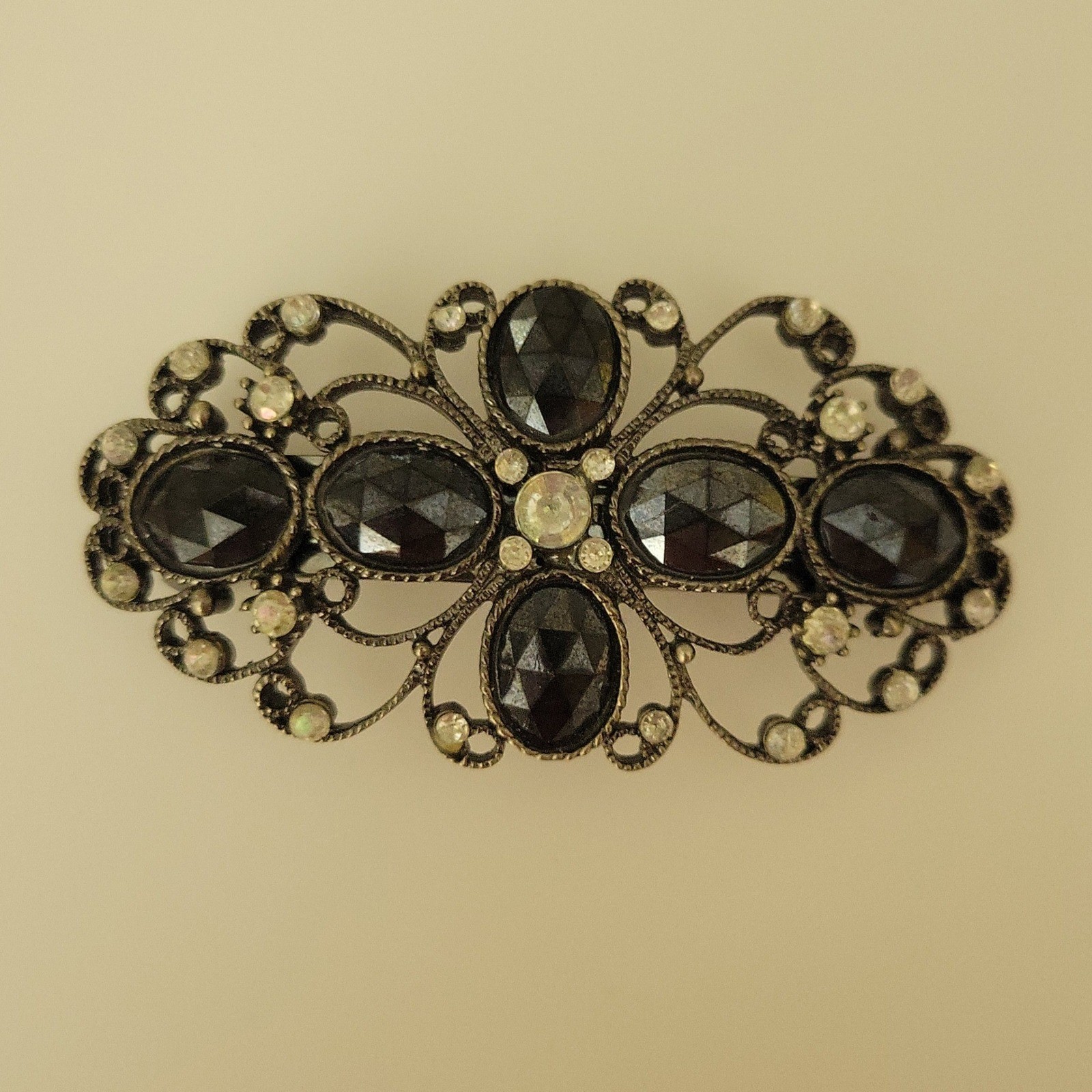 Vintage Style Black Rhinestone Antiqued Silver Filigree Brooch Pin 3.5in Gothic