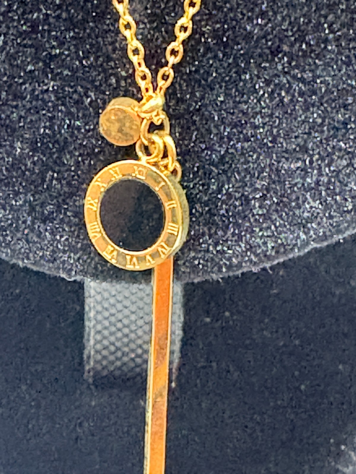18KGP Gold Plated Roman Numeral Pendant Necklace Black Inlay CZ Accent 18″