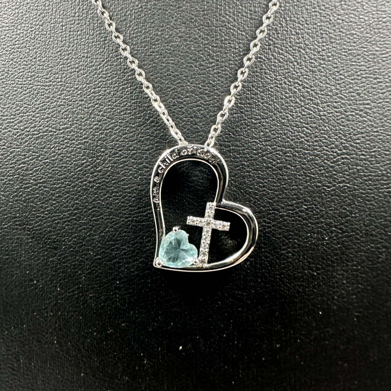 I Am A Child of God Heart Necklace Silver Tone Cross Blue Stone Accent 17 Inches