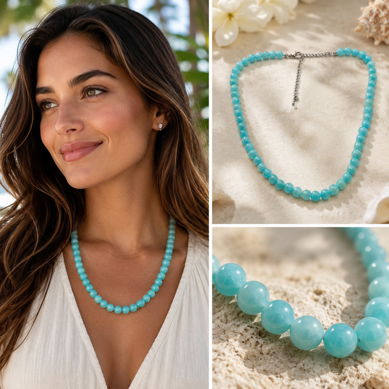 Aqua Blue Dyed Agate Beaded Necklace 21 In Adjustable 8mm Round Stone