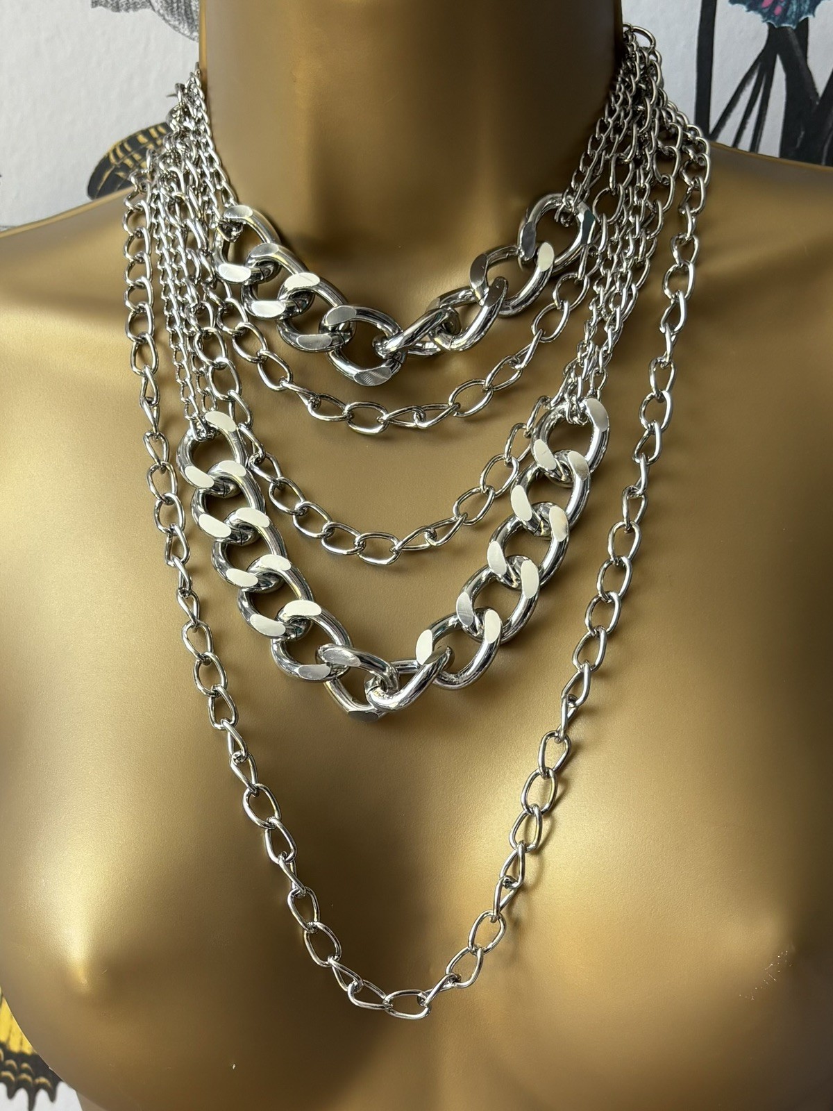 Chunky Silver Tone Multi Strand Layered Chain Necklace Adjustable – on trend