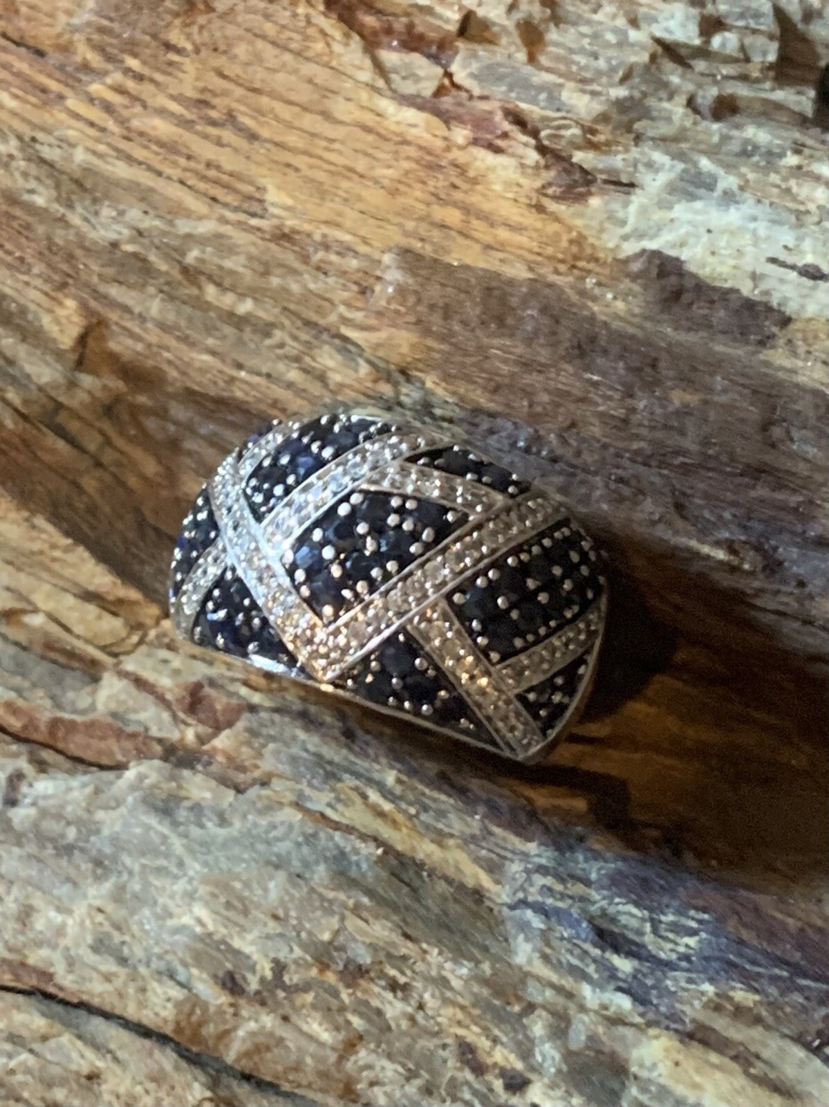 Sterling Silver Diamond & Sapphire Domed Wide Band Ring , Sz 7, 11.3 g.