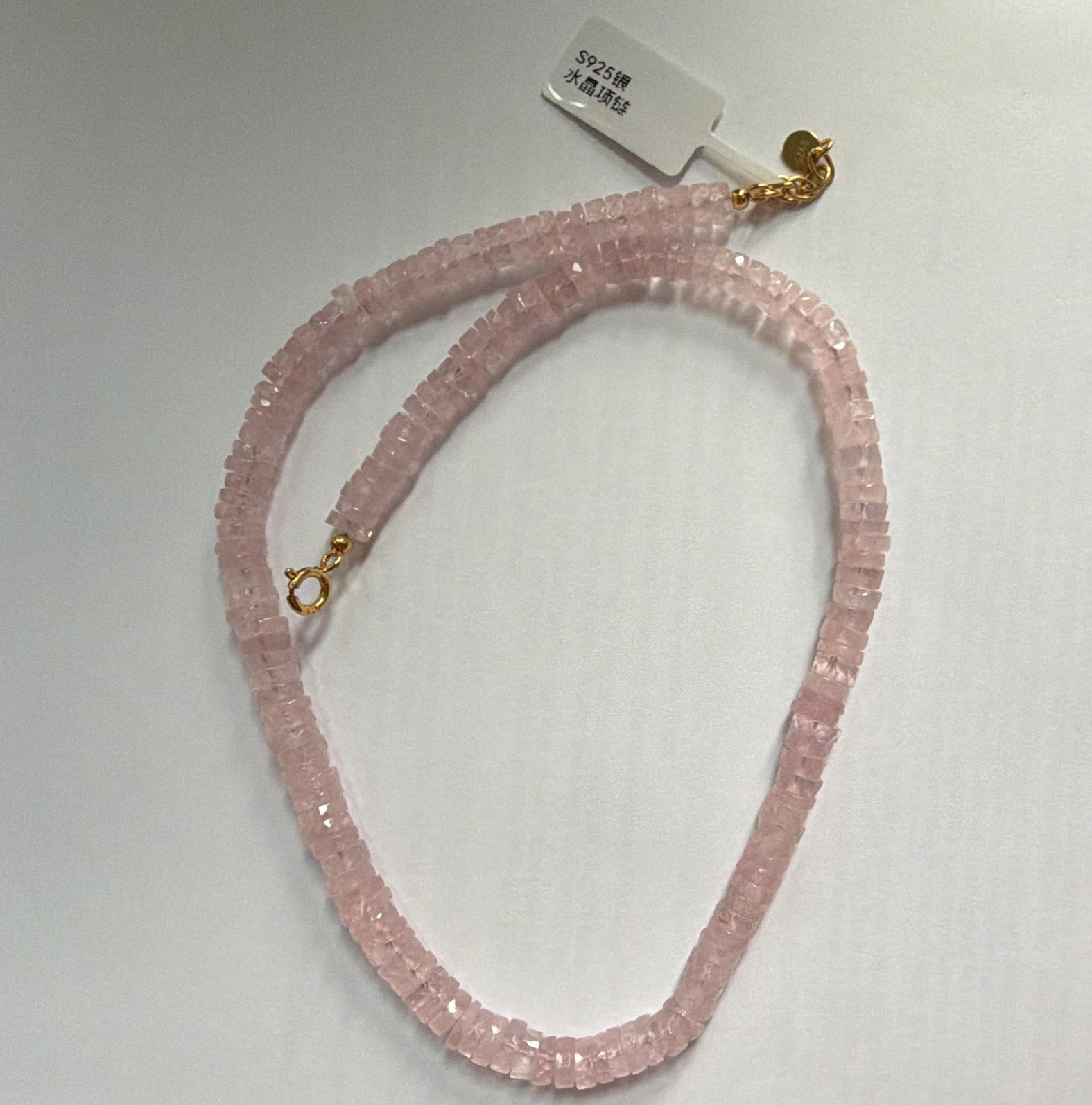 Natural pink crystal bead necklace. 925 silver lobster hook head ，18 in，34g