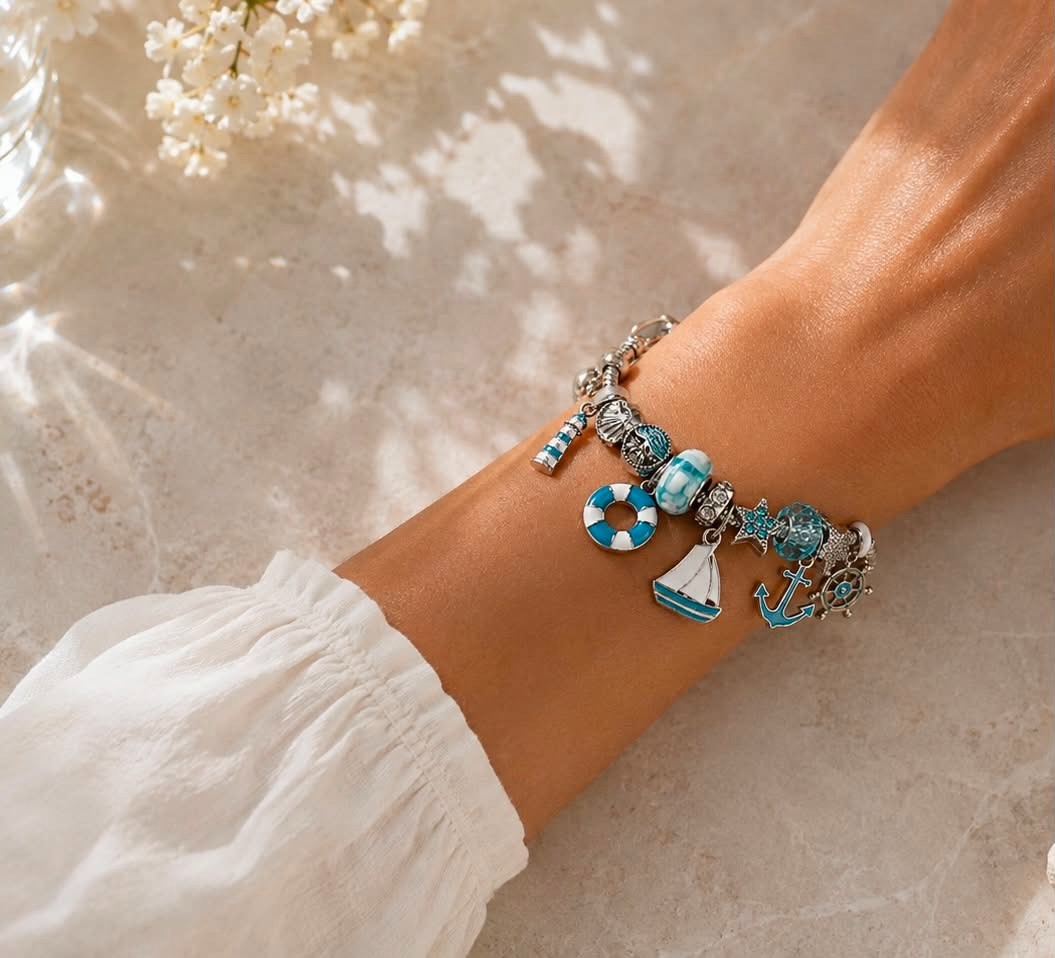 Ocean Nautical Charm Bracelet Blue Silver Tone Anchor Sailboat Lighthouse Beach