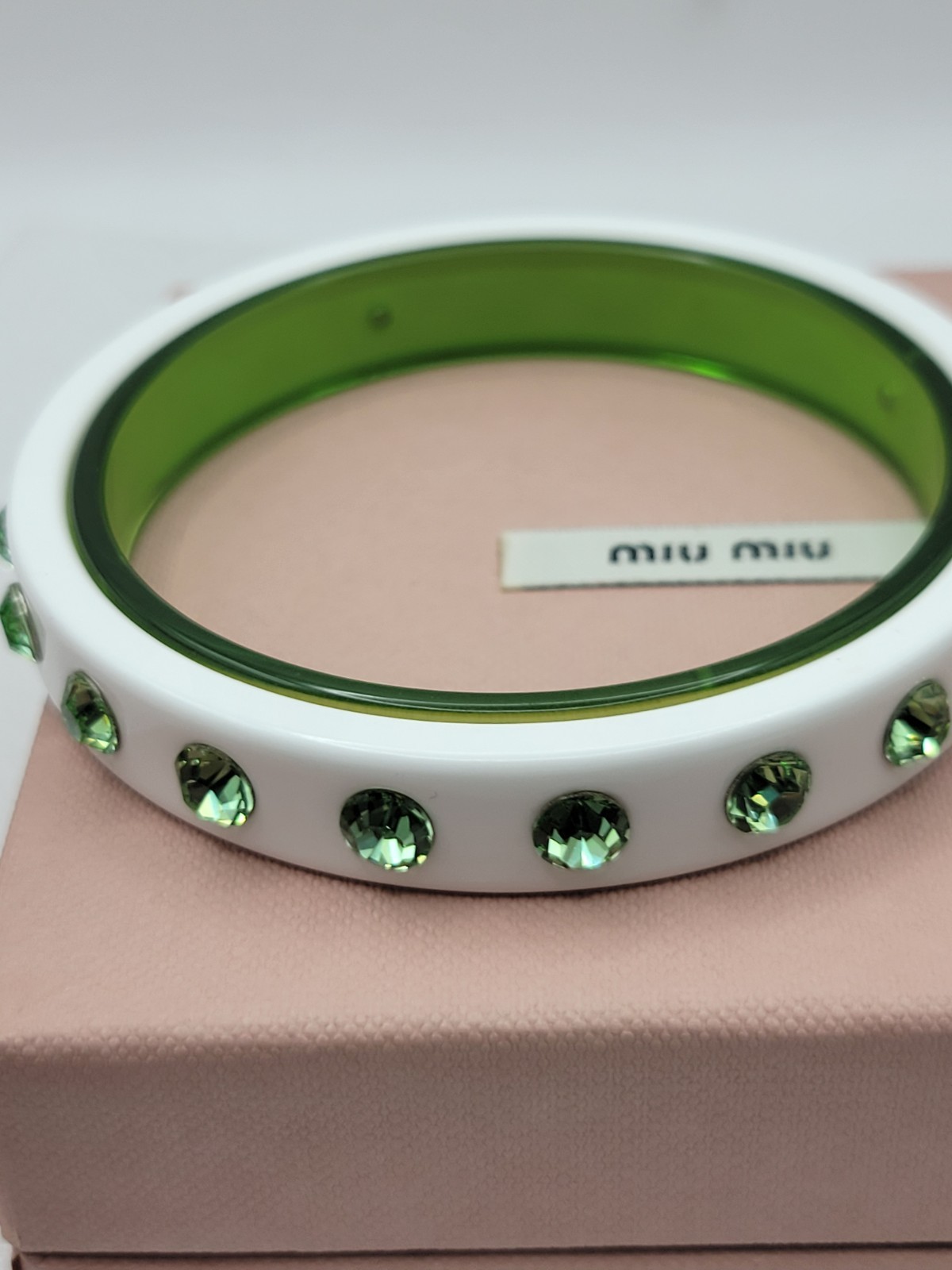 Miu Miu by Miuccia PRADA Plexi Glass & Crystal Bangle Green & White Boxed Pouch