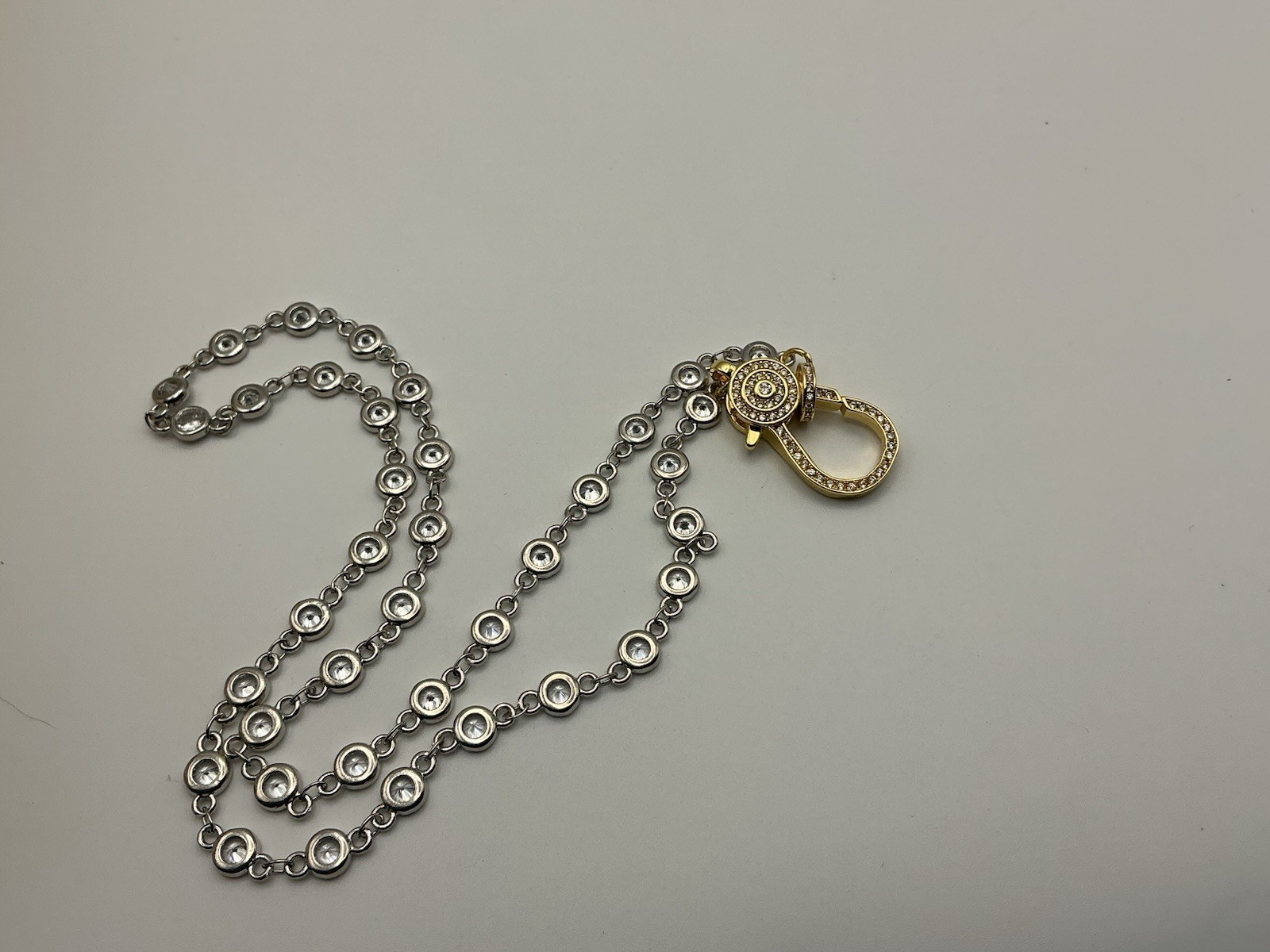Freida Rothman Crystal Station Necklace Two Tone Pavé Carabiner Clasp 18”