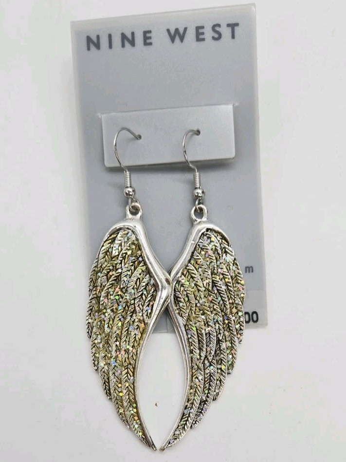 Angel Wings Chandelier Earrings Crystal Pierced Silver Tone Dangling Y2K 3.25 in