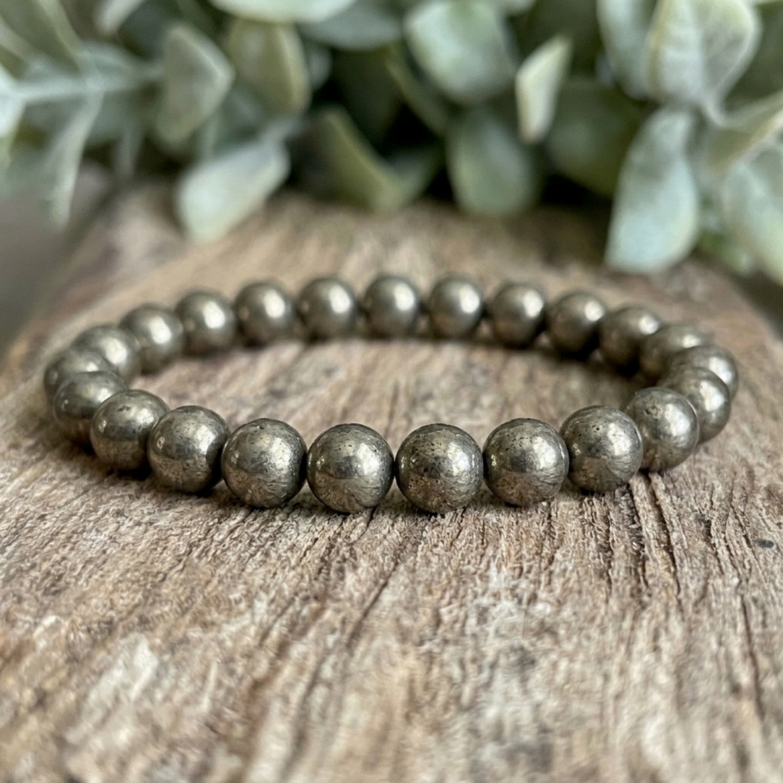 Pyrite Bracelet Natural Golden Stone 8mm Round Beads Wealth Abundance Gift Her