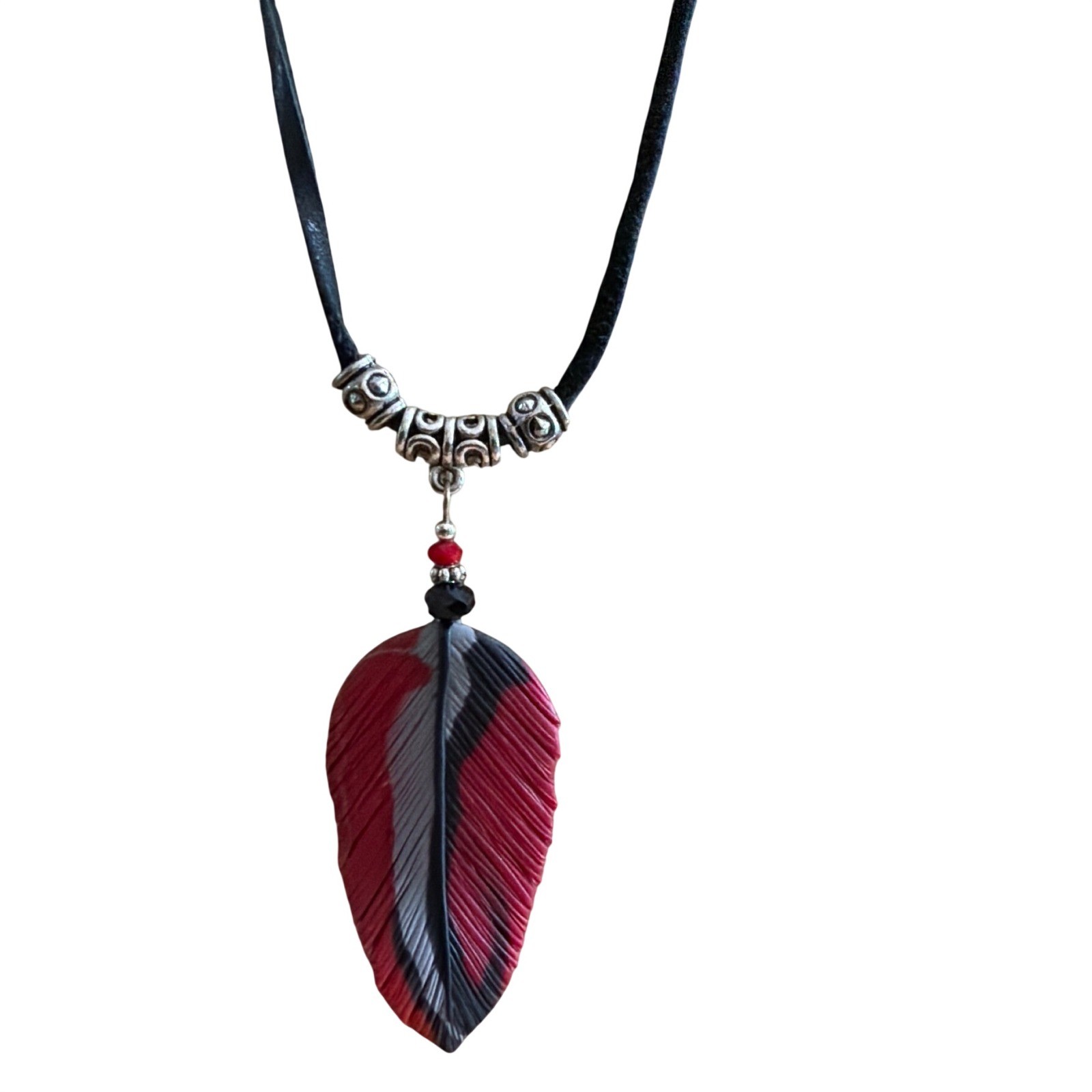 Handmade Red Grey Black Polymer Clay Feather Pendant Toggle Necklace Boho