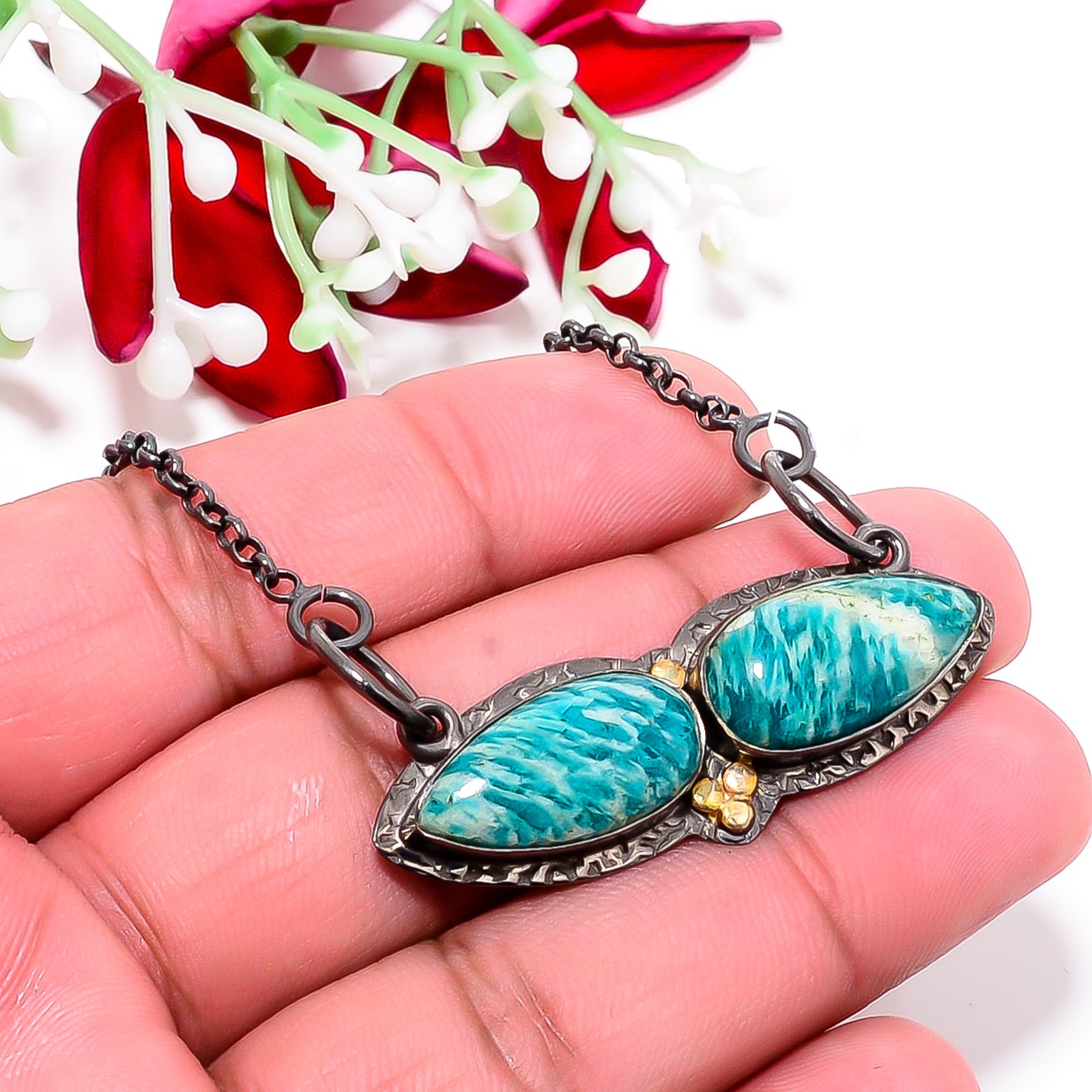 Amazonite Black & Gold Rhodium 925 Silver Chain Pendant 18-22″ Cp10468118511