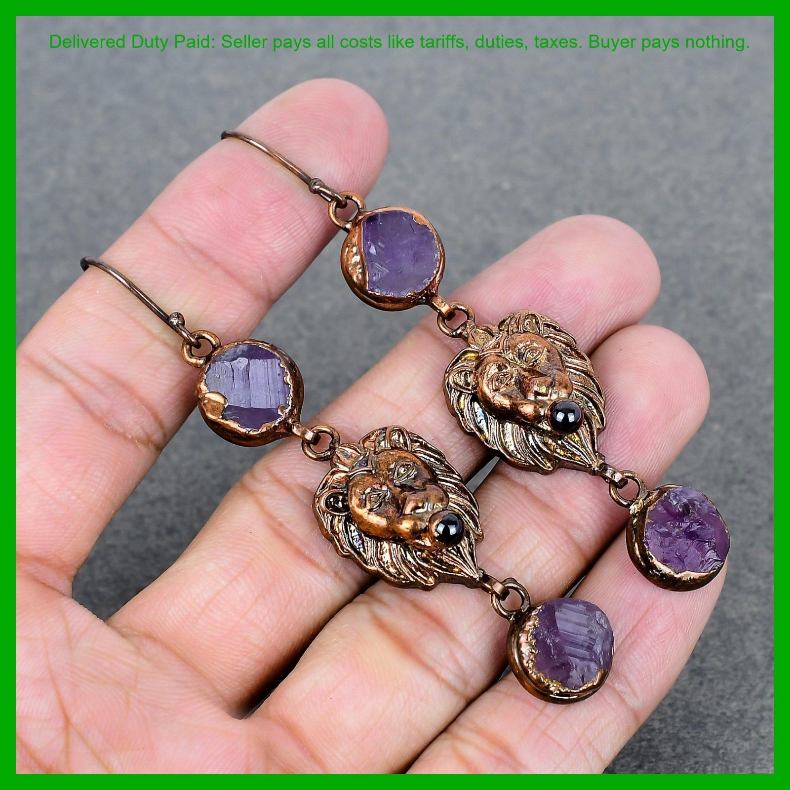 African Amethyst Rough Stone Copper Dangle Electroformed And Lion Face Earrings