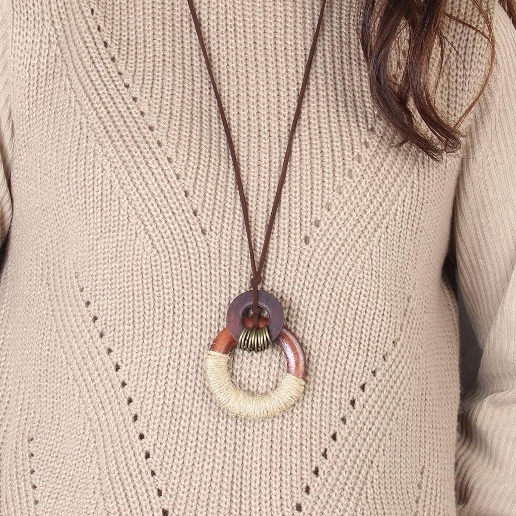Stylish Leather Cord Multi-Layer Necklace with Wooden Pendant for All Occasions