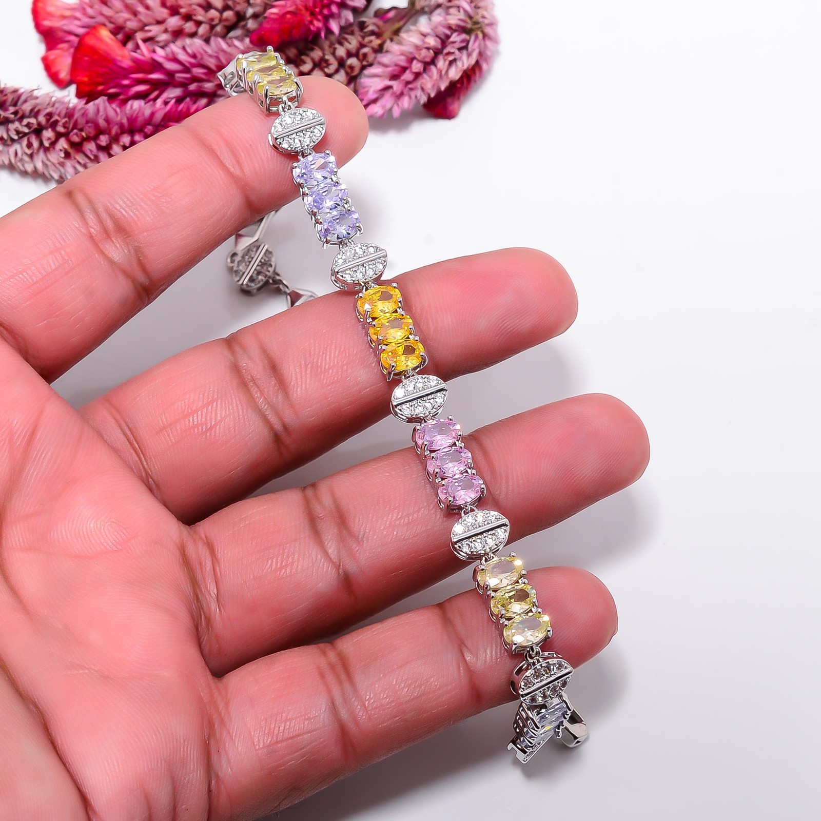 Multi Tourmaline, CZ 925 Sterling Silver Adjustable Bracelet 7-8″ B142220