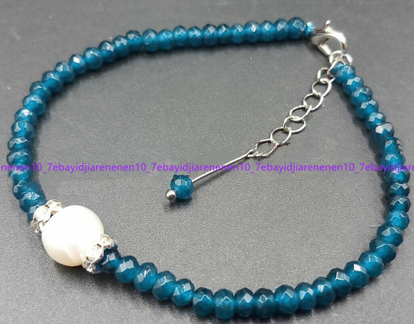 2X4mm Faceted Blue Apatite Rondelle Gems & 9-10mm White Pearl Bracelet 7-8.5 in