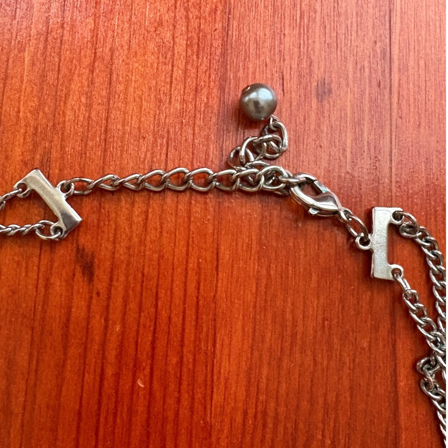 Double Layer Silver Tone Grey Beads Long Chain Necklace Adjustable Clasp