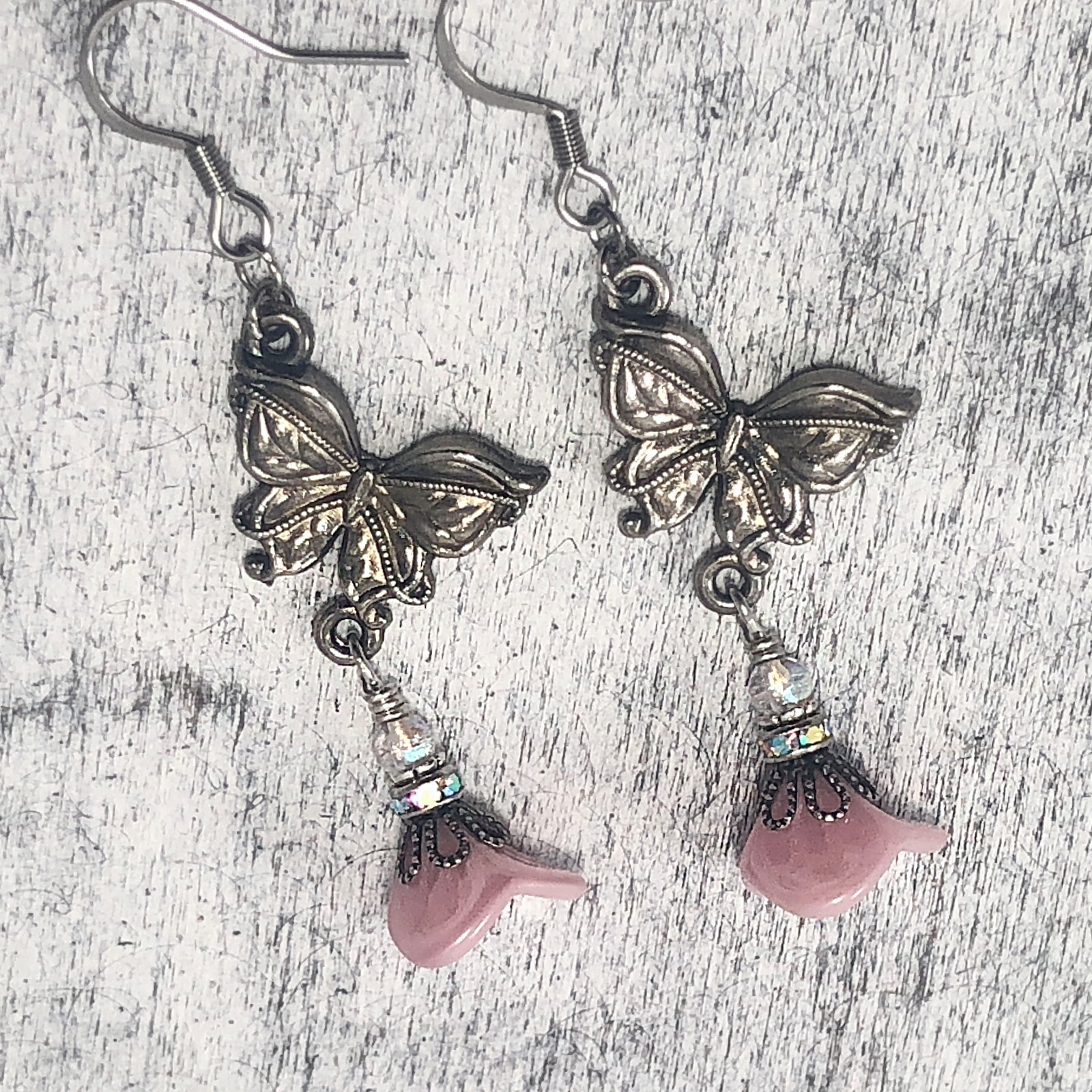 Art Nouveau Silver Pewter Buttefly Earrings with Pink Czech Bell Flower