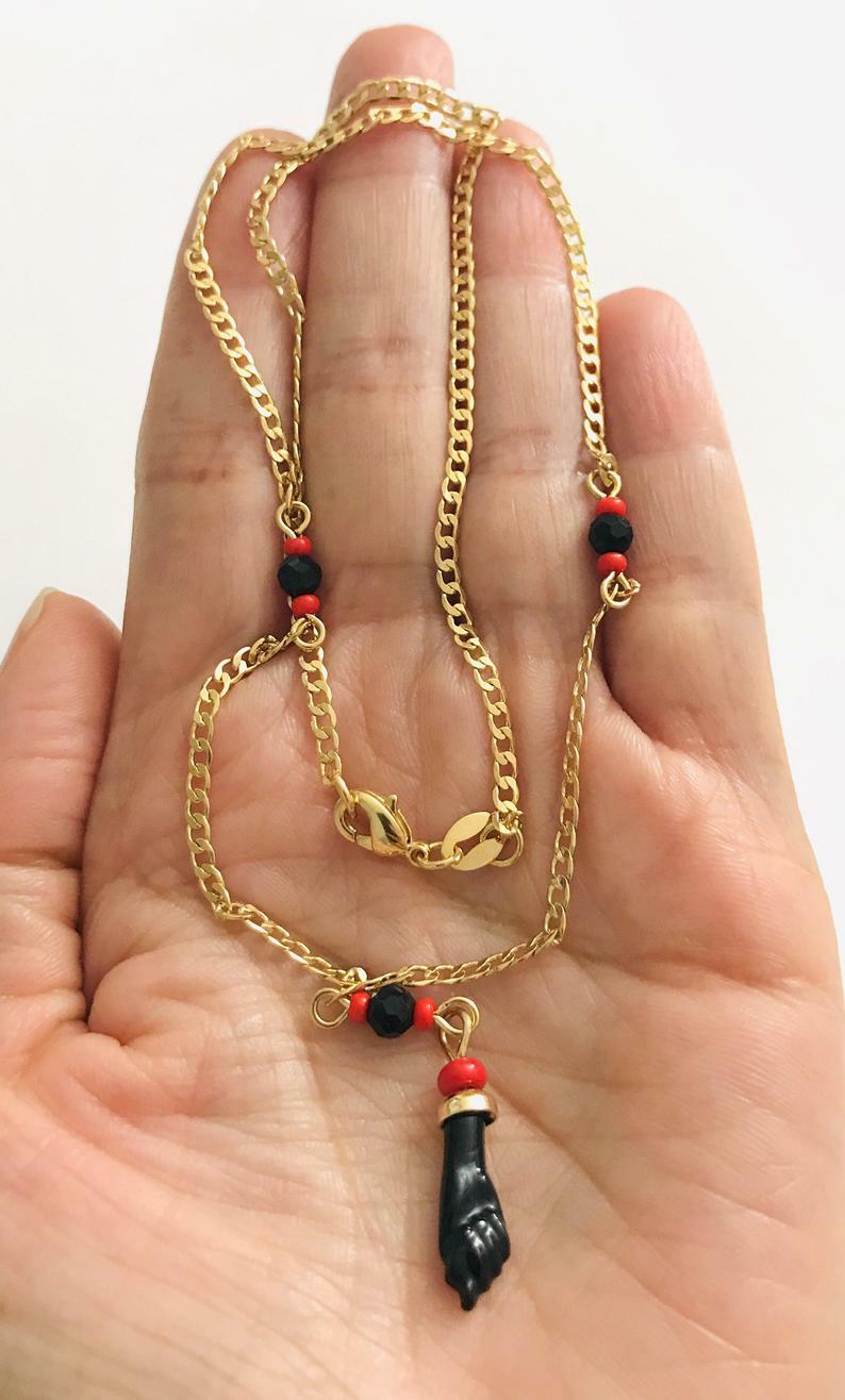 18K GOLD FILLED AZABACHE PROTECTION NECKLACE 18″ / CADENA DE AZABACHE 18″- N77