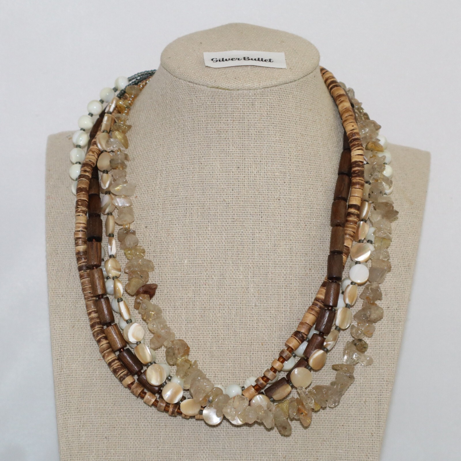 Silpada Silver 5 Strand Quartz, Shell, Wood & MOP Statement Necklace N1507