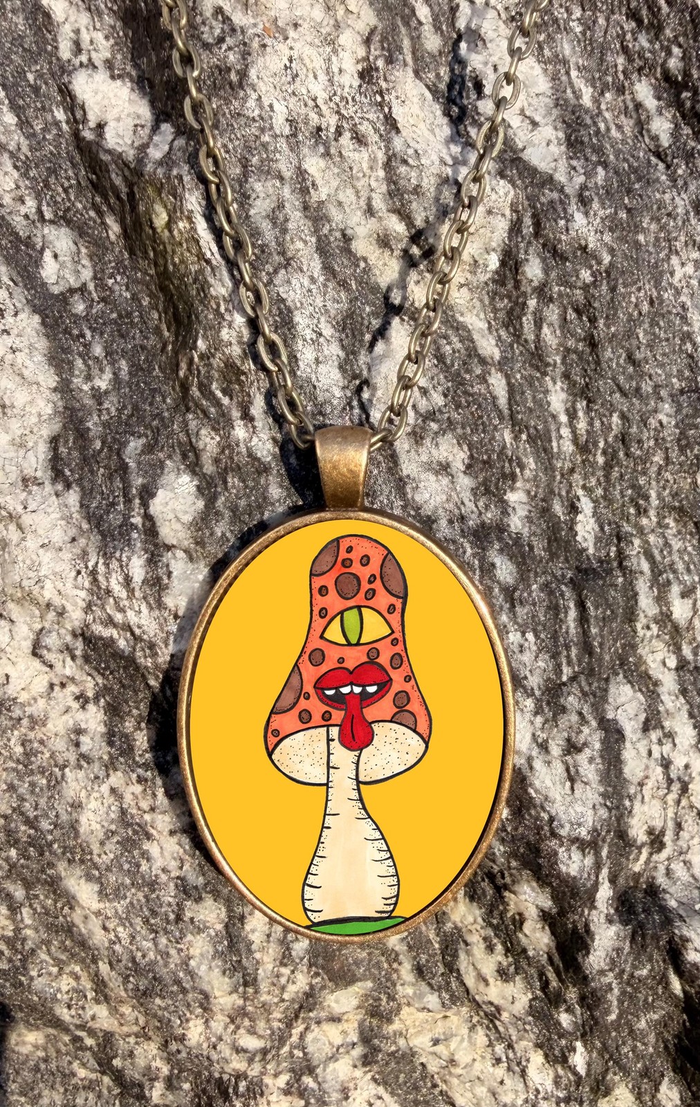 Laughing Mushroom Bronze Necklace Pendant Whimsical Trippy Retro 70’s Inspired