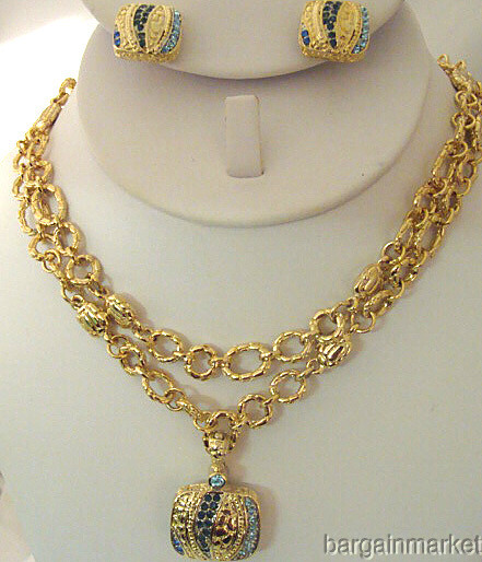 Gold Tone Faux Sapphire Crystal Necklace Pendant Earrings