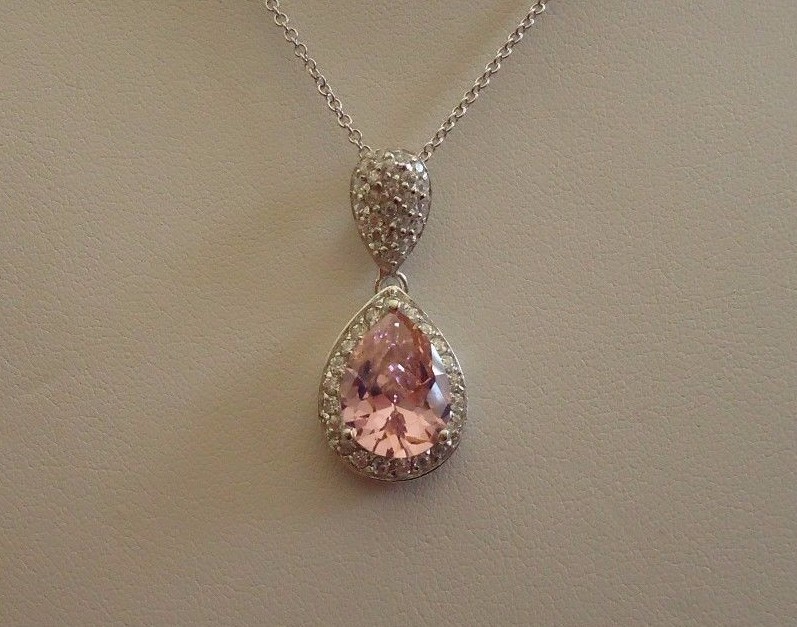 STERLING SILVER DANGLING NECKLACE PENDANT 6 CT PINK & WHITE LAB CREATED DIAMOND