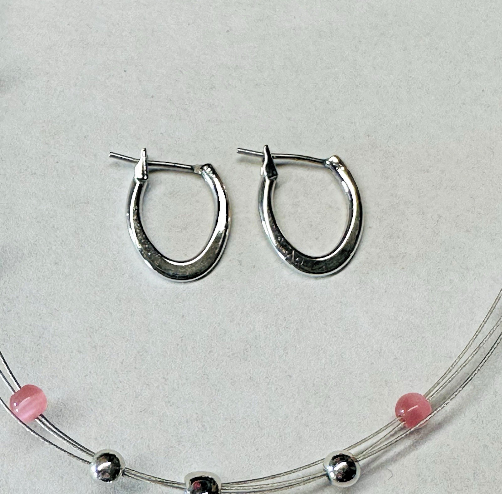 Lia Sophia Pink Cat Eye Pendant Necklace & Hoop Earrings Silver Tone Set