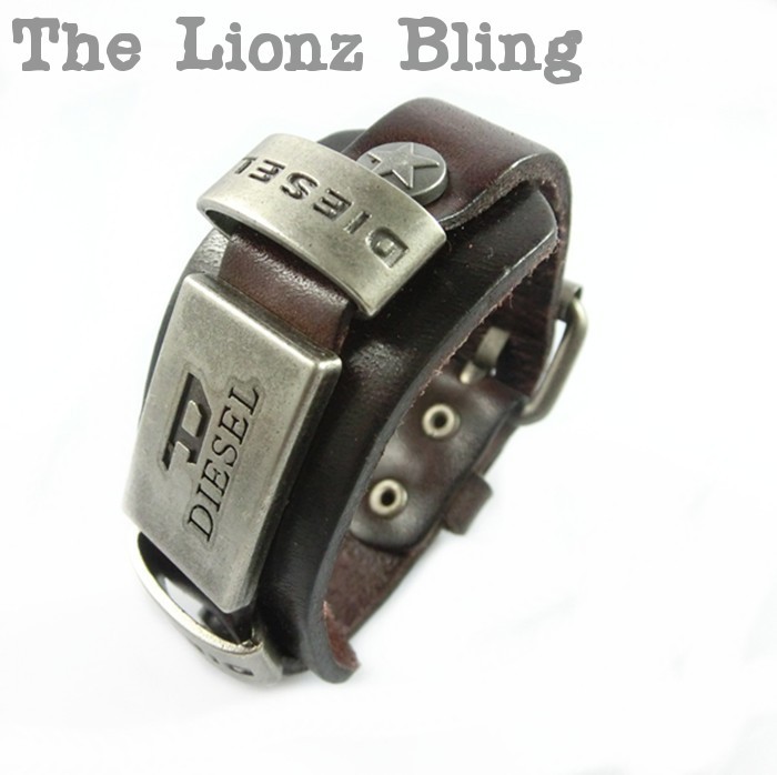 Urban Industrial style Genuine Brown Leather & Metal Plate Wide Band Bracelet
