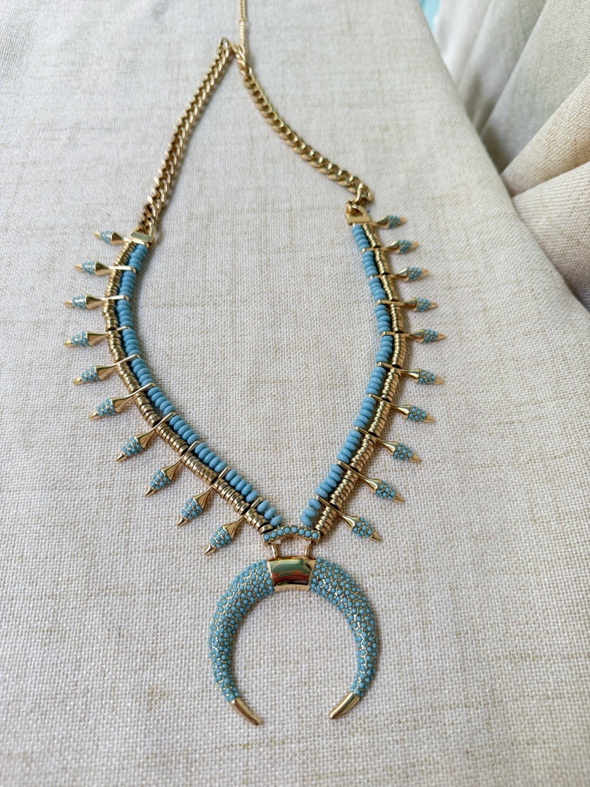 Modern Atterri Turquoise Beaded Crescent Horn Necklace Gold Tone Boho