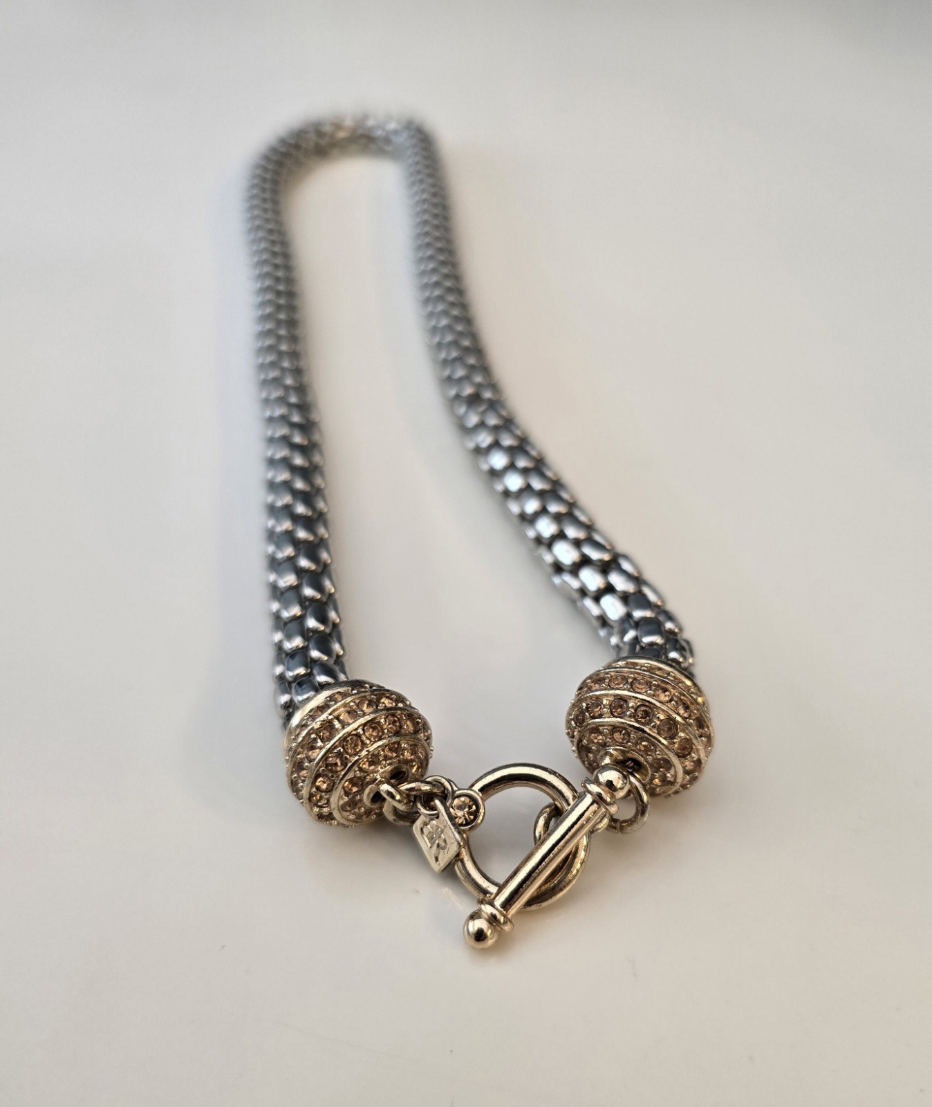 Banana Republic Silver Tone Mesh Necklace Gold And Rhinestones 17″ Toggle Clasp