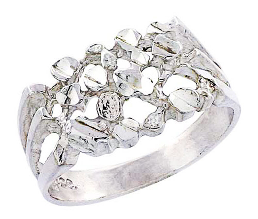 Men Women Sterling Silver Rhodium Plated Machine Cut Band Nugget Ring 10mm