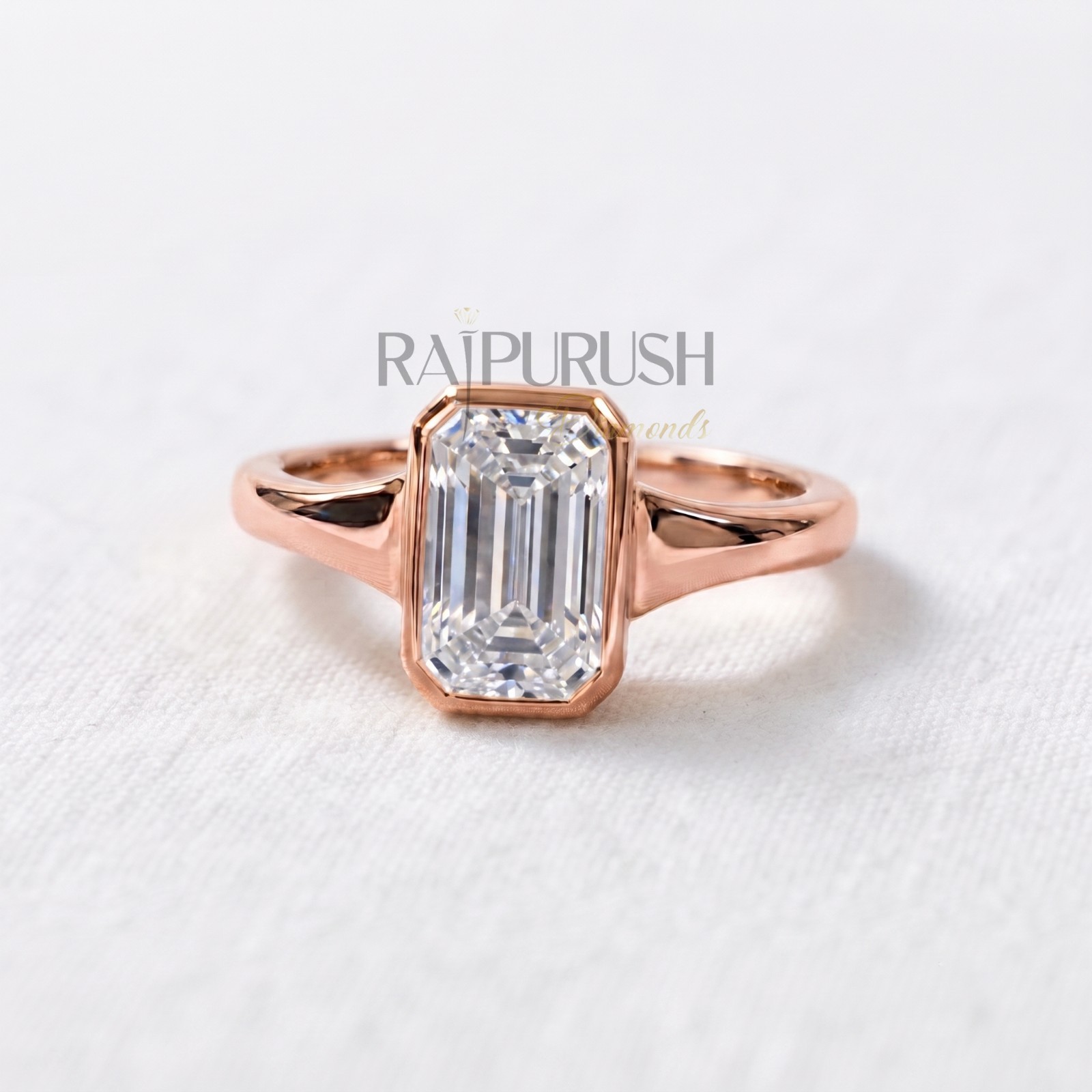 1ct Emerald Cut Moissanite Ring Bezel Set Solitaire 14K Gold Plated 925 Silver