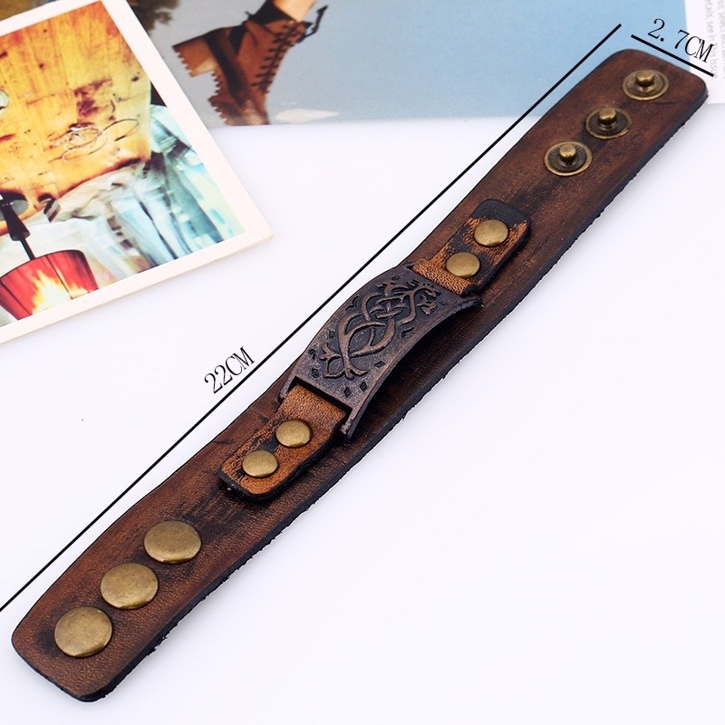 Retro Celtic Knot Leather Cuff Bracelet Viking Nordic Wristband Brown 22cm