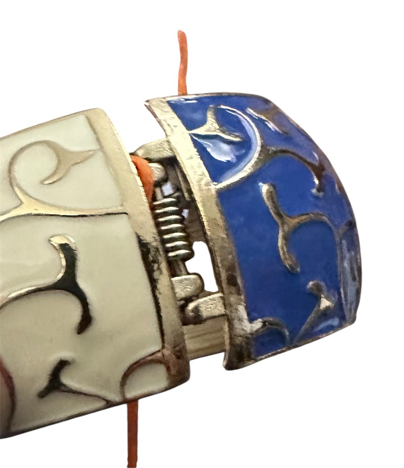 Wide Half Blue And Ivory Enamel Gold Tone Swirl Design Cuff Bracelet