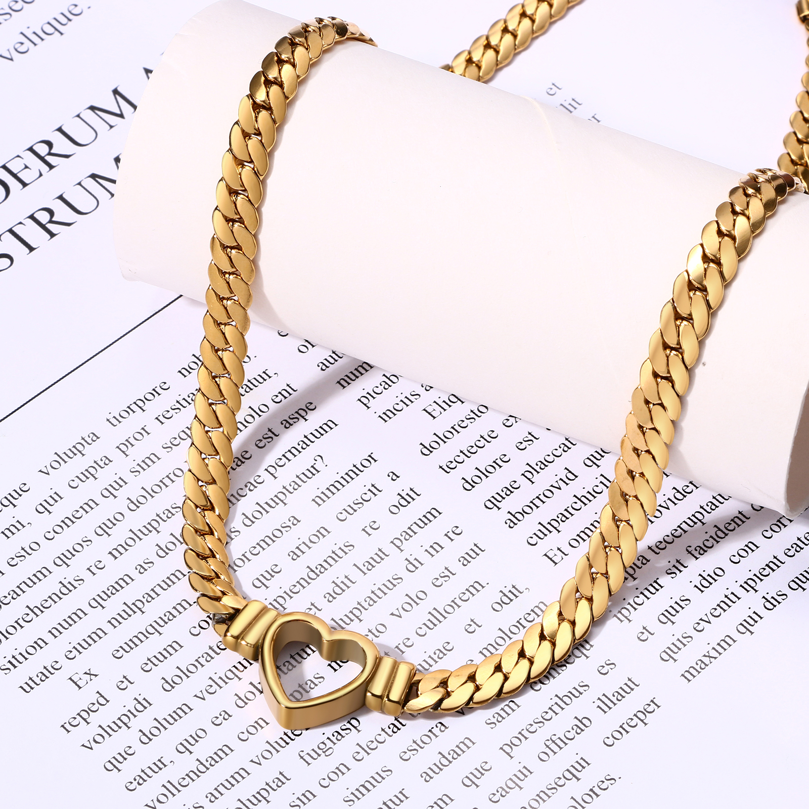 Women’s Girls Chunky Flat Cuban Link Chain Necklace Stainless Steel Heart Choker