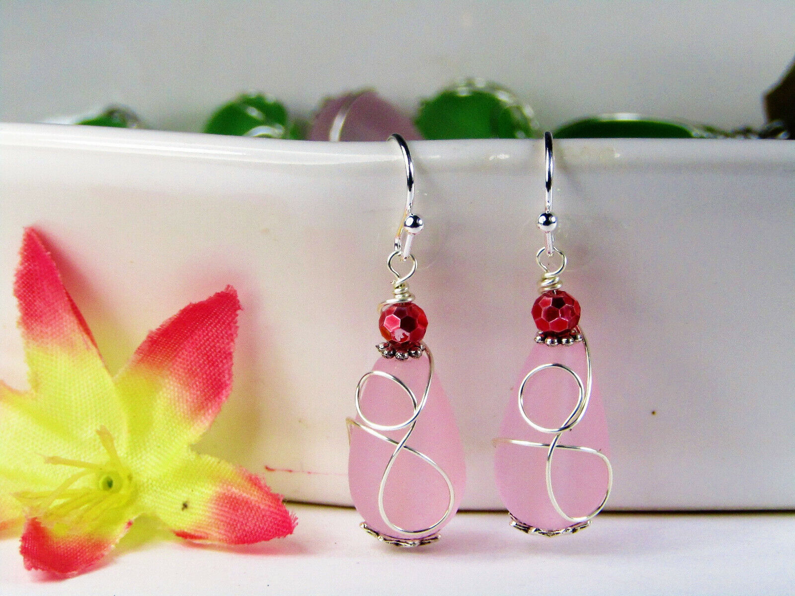 Teardrop-Shaped Frosted Sea Glass Dangle Earrings, Beach Fashion, Sea Jewelry