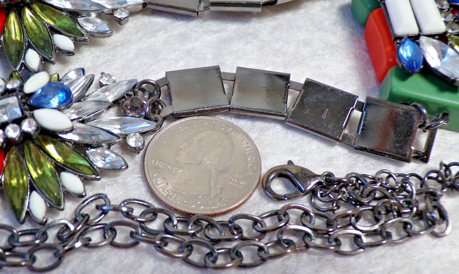 BIB 24-27 INCH NECKLACE SILVER TONE METAL + PENDANT WITH BLUE + CLEAR RHINESTONE
