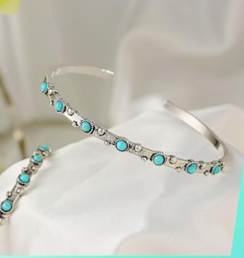Turquoise bead thin silver cuff bracelet