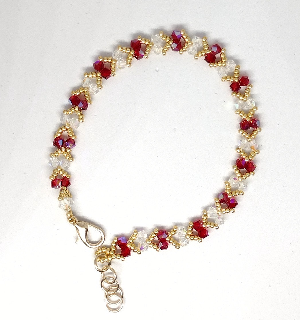 6-inch Bracelet 4mm Crystal Red/White Sparkly Bicone Beads/Gold Miyuki Beads.