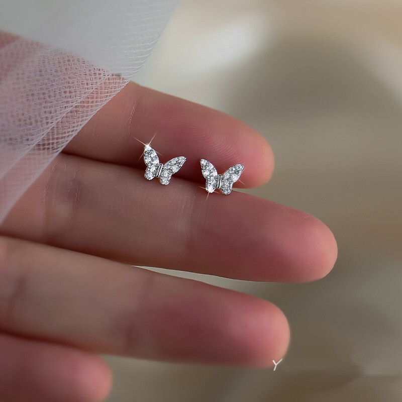 925 Sterling Silver Small Butterfly Pave CZ Cubic Zircon Stud Earrings Gift PE50